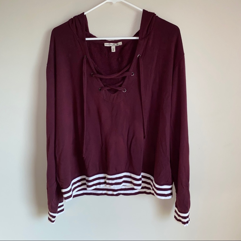 Express Lace-Up V Neck Hooded Sweater